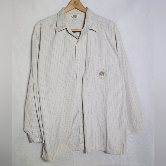 Hardy Aimes Sz L Tan Striped Button-Up Shirt with Embroidered Logo - Picture 2 of 7